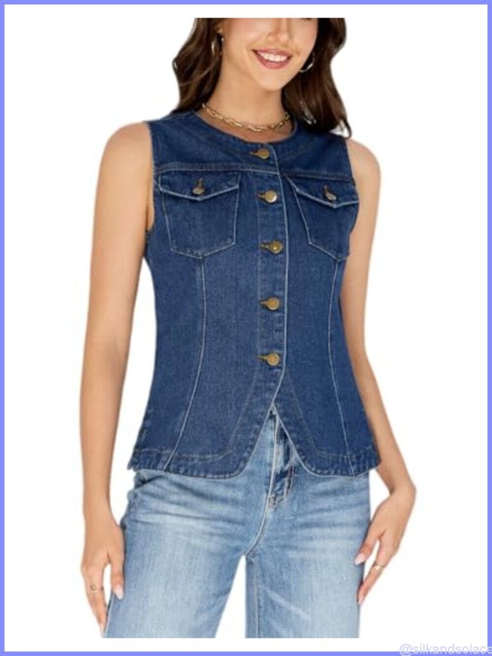 Women's Sleeveless Denim Vest with Flap Pockets & Boat Neck